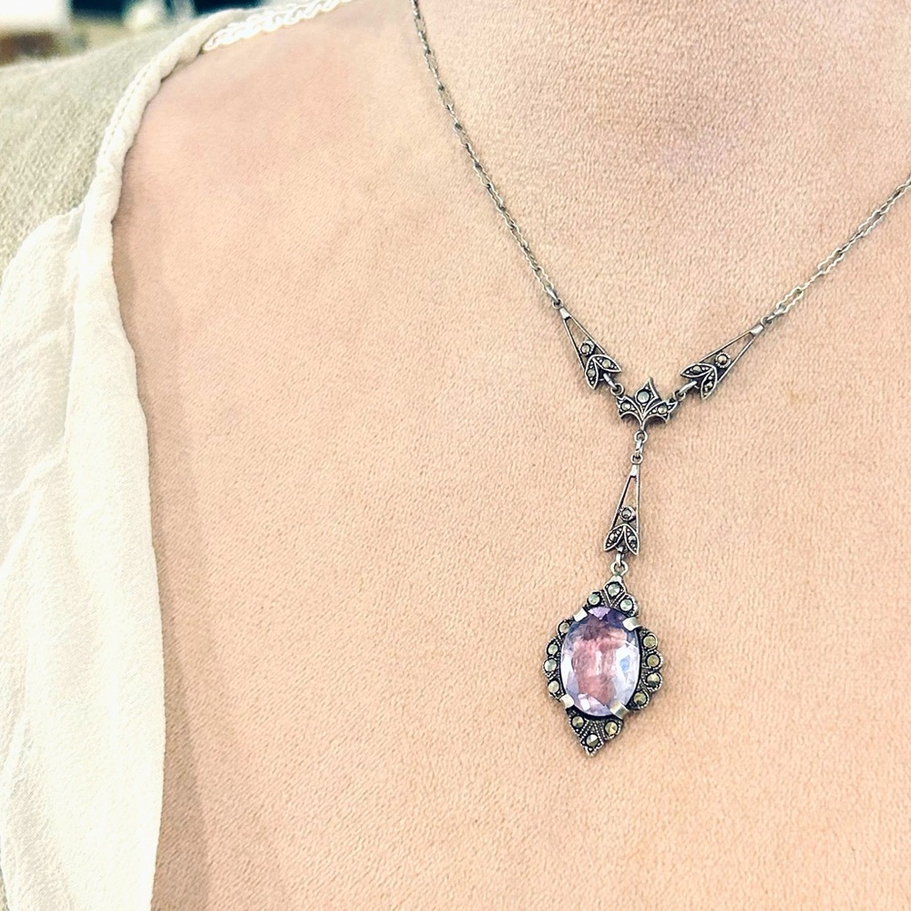 Vintage Marcasite & Amethyst Sterling Silver 925 Art Deco Gatsby Necklace - Picture 4 of 9